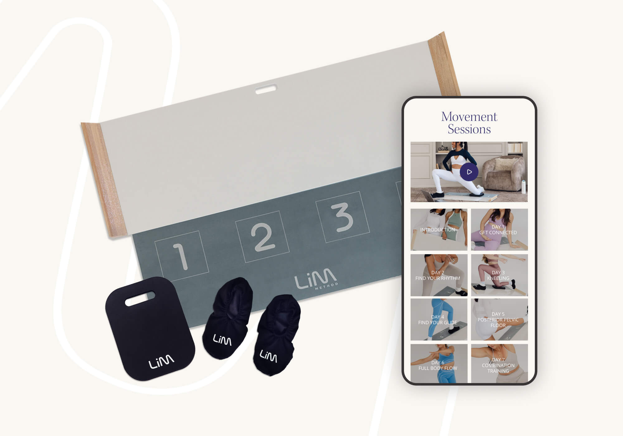 Photo of the LiM Method sliding board and accessories next to a phone displaying the online pelvic floor health exercises. 